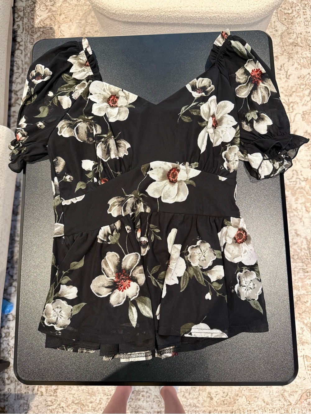 Black Floral Peplum Blouse with Puff Sleeves
